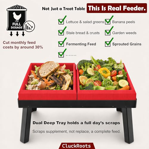 Kitchen Scrap Feeder for Chickens – Large Capacity Metal Stand with Dual Removable Wooden Trays | Chicken Veggie & Leftover Supplement Feeder, Flock Enrichment Chicken Coop Accessories Stuff Supplies