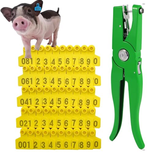 100 Sets Numbered Plastic Livestock Ear Tags Pig Calf Animal Identification TPU Earring Tagger with 1 Pliers Applicator 401-500 Orange (Yellow 201) - color: イエロー, size: 201