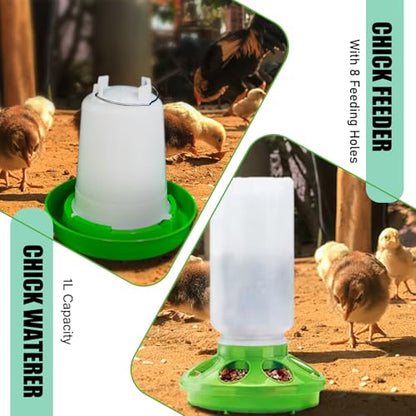 Chick Feeder and Waterer Set for Brooder - Adjustable Height (3 Levels) 0.3Gal Feeder & 0.4Gal Waterer - Automatic Poultry Kit for Baby Chicks, Ducklings