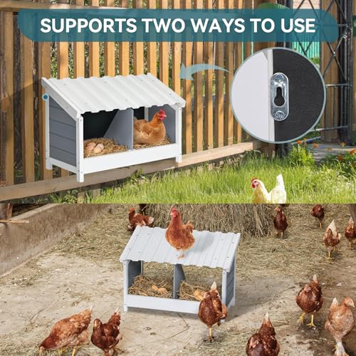 PETSFIT 2 Holes Chicken Nesting Box-All Weather PVC Roof, Natural Wood Design with Privacy Back Panel for Hens-Wall Mounted or Floor Use in Coops, Farms, Backyards,Easy to Assemble and Clean - size: 2 Holes