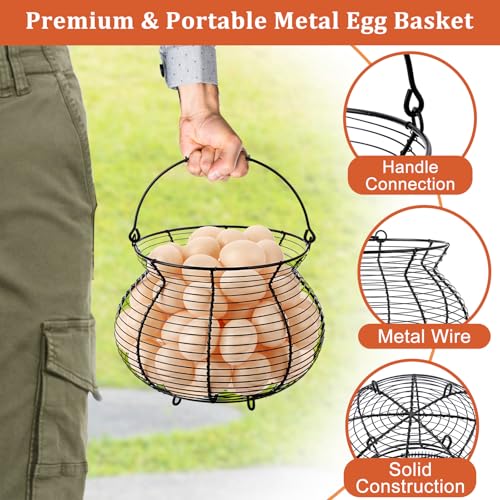 1 PCS Black Big Belly Wire Egg Baskets for Fresh Egg With Handle, Small Metal Wire Basket for Gathering Fresh Chicken and Duck Eggs, Hunting Basket Egg Holder Countertop - style: Oval-1 Pack