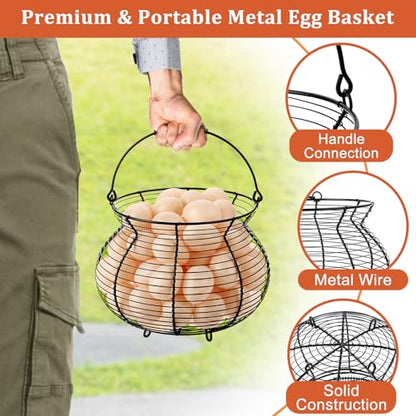 1 PCS Black Big Belly Wire Egg Baskets for Fresh Egg With Handle, Small Metal Wire Basket for Gathering Fresh Chicken and Duck Eggs, Hunting Basket Egg Holder Countertop - style: Oval-1 Pack