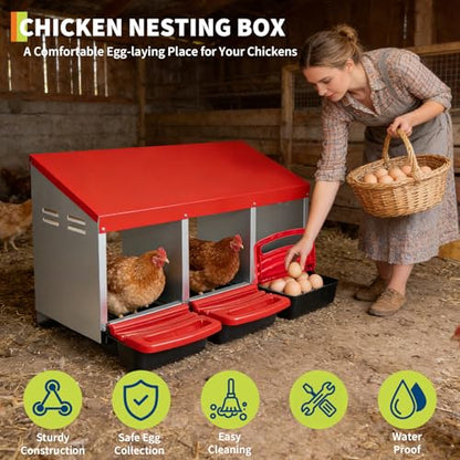 Chicken Nesting Boxes 3 Compartments, Metal Rollout Egg Laying Box with Swing Perch, Easy Clean Hen Nesting Box for Chicken Coop and Poultry Houses