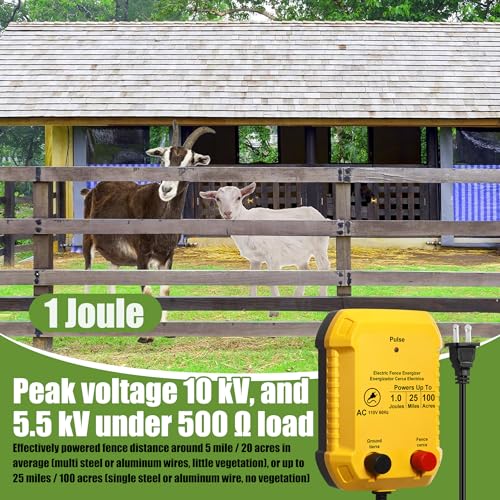 MorningRo Electric Wire Fence Kit, 25 Mile 110vac 1 J Plug in Fence Charger with 656 ft Polywire, 40 T Post Insulators, 20 Screw in Insulators for Pasture Farm Horse Cattle Poultry Fencing - size: 656FT, style: 1J