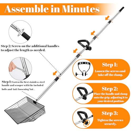 15 Inch Extra Large Chicken Poop Scooper, 37" to 76" Long Stainless Steel Chicken Litter Scoop with Handle and Gloves, Sifting Shovel Pooper Rake Waste Cleaning Tool for Chicken Coop Goat Stall Stable