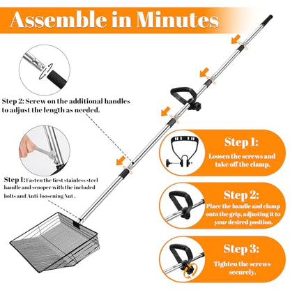 15 Inch Extra Large Chicken Poop Scooper, 37" to 76" Long Stainless Steel Chicken Litter Scoop with Handle and Gloves, Sifting Shovel Pooper Rake Waste Cleaning Tool for Chicken Coop Goat Stall Stable
