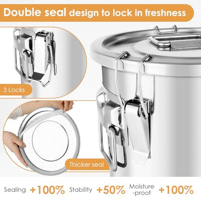 304 Stainless Steel Food Containers with Lids,12L/20LBS Airtight Food Storage Containers with Lock Clips for Flour Rice Sugar Coffee Bean,Stainless Steel Food Storage Containers for Kitchen