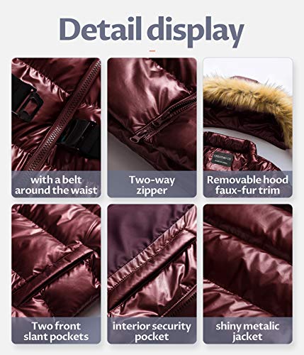 CREATMO US Women's Long Winter Faux Fur Coat Puffer Warm Jacket with Detachable Hood - color: Shine Wind Red, size: Medium