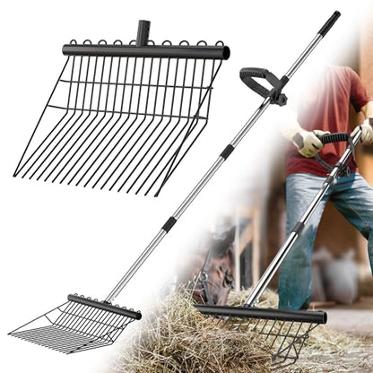 Manure Fork - Metal Horse Manure Rake with 2 Durafork Replacement Heads and 1 Steel Handle, Rustproof Heavy Duty Hay Pitch Fork for Horse Stall Poop