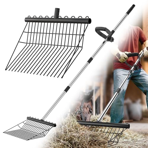 Manure Fork - Metal Horse Manure Rake with 2 Durafork Replacement Heads and 1 Steel Handle, Rustproof Heavy Duty Hay Pitch Fork for Horse Stall Poop