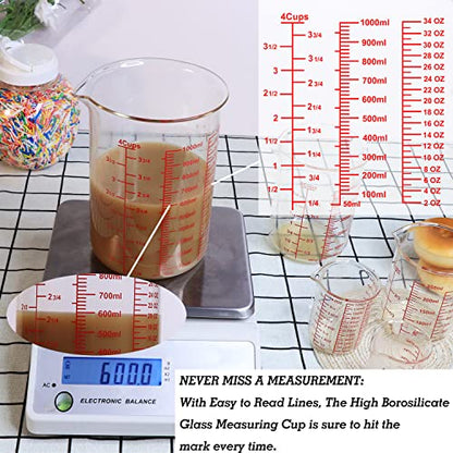 High Borosilicate Glass Measuring Cup-V-Shaped Spout，Glass Measuring Beaker for Kitchen or Restaurant, Easy to Read, 1000 ML (32 Oz, 4Cup) - size: 4Cup,1000ML