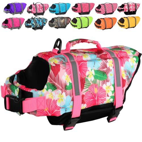 Doglay Dog Life Jacket, Dog Life Vest for Swimming Boating, Adjustable Puppy Life Jacket with Reflective Stripes, Superior Buoyancy Pet Swimming Vest for Small Medium and Large Dogs - color: Pink Flower-1, size: X-small