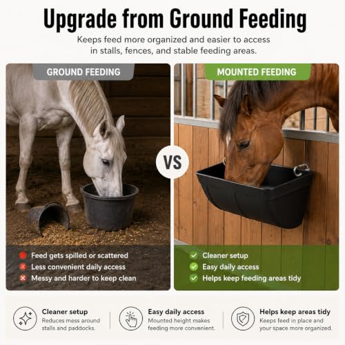 Hanging Horse Feed Trough, Fence Mount Horse Feeder with Heavy-Duty Metal Clips & Screw Hardware, Black Plastic Feed and Water Bucket for Horse Stall, Barn Wall, Pellets & Supplements (2 Pcs)