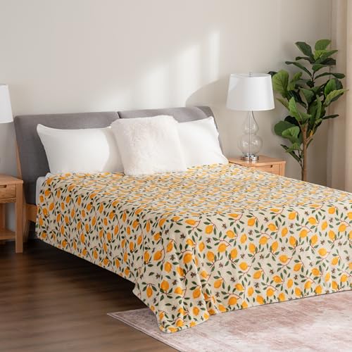 Berkshire Blanket-Classic Heavyweight Soft Printed VelvetLoft® Plush Blanket, Full/Queen Size Soft Fuzzy Warm Blanket for Couch Sofa Bed, Lemons and Bees Yellow, 90in x 90in - color: Lemons and Bees Yellow, size: Full/Queen