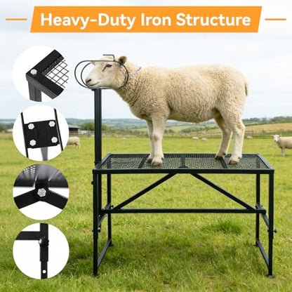Goat Milking Stand for Trimming Hooves, 47x23" Heavy Duty Metal Sheep Stand & Livestock Shearing Platform with Headpiece, Rust-Resistant Farm Equipment for Washing, Grooming & Milking
