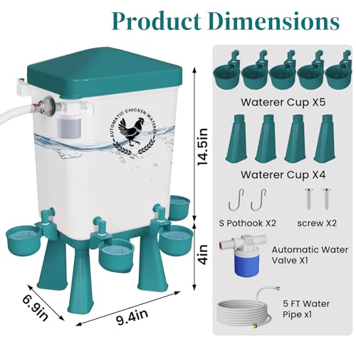 Chicken Waterer, 3 Gallons Automatic Chicken Waterers with 5ft Pipe, Float Controlled Automatic Poultry Water Feeder, 5 Chicken Waterer Cups (Blue, 3 Gallons) - color: Blue