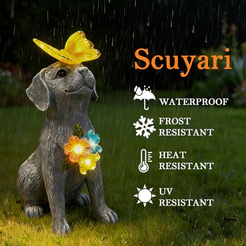 Dog Garden Statue Solar Butterfly, Dogs Figurines with Lantern Outdoor Patio Yard Decor Ideal Birthday Housewarming Gifts ,Dad Mom Grandma Dog Lovers, Beautifully Crafted Decorations to Wow Guests - style: grey dog
