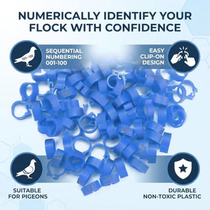 100PCS/Bag 8MM Plastic Pigeon Bands Rings, 001-100 Numbered Plastic Pigeon Bird Leg Bands Rings with Number(Blue)