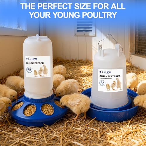Baby Chick Feeder and Waterer Set with Adjustable Height, Anti-Drown Poultry Waterer for Raising Chicks in Brooder (0.3 Gal Chick Feeder & 0.4 Gal Chick Waterer, Blue)