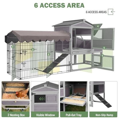 Large Mobile Chicken Coop with Run, 79" Outdoor Wooden Poultry Cage on Wheels, All-Steel Frame Hen House, Waterproof Roof, Nesting Box, for 4-6 Chickens - color: Grey (AIR7008)