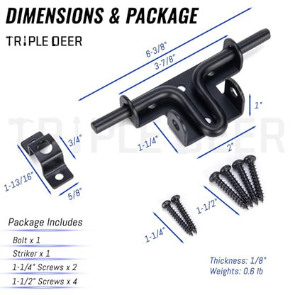 TRIPLE DEER Heavy Duty Slide Bolt Gate Latch, Sliding Bolt Door Lock with Padlock Hole, Slide Bolt Hardware for Wooden Fence/Yard Fence/Shed Door/Barn Door, Black, 1 Pack