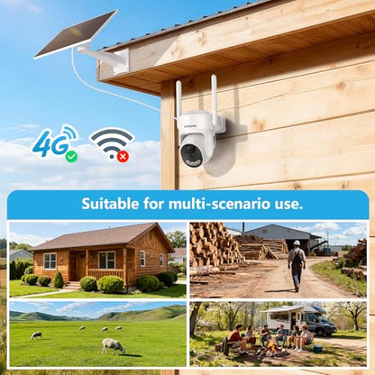 4G LTE Cellular Security Camera No WiFi Needed, Solar Powered Outdoor Security Camera with 2.5K Color Night Vision, PIR Motion Detection, Two-Way Audio, 350° PTZ, for Farm Barn Jobsite Cabin Remote