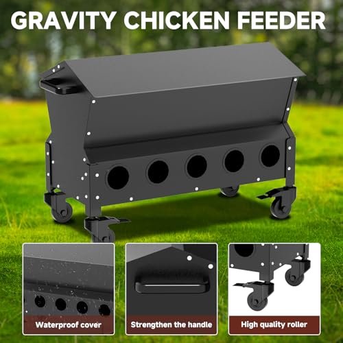 Portable Metal Chicken Feeder with Waterproof Lid, Freestanding Chicken Feeding Box with 150 lbs Large Capacity for Chickens, No Waste Gravity Poultry Feeder, 4 Lockable Wheels for Moving.