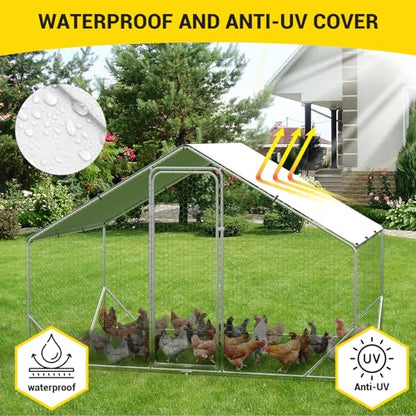 9.8' x 6.5' x 6.5' Chicken Coop Run, Galvanized Steel Chicken Pen with Anti-Ultraviolet Waterproof Cover, Spire-Roof Walk-in Poultry Cage, Metal Chicken Coop for Outdoor Farm Use - size: 9.8' W x 6.5' D x 6.5' H