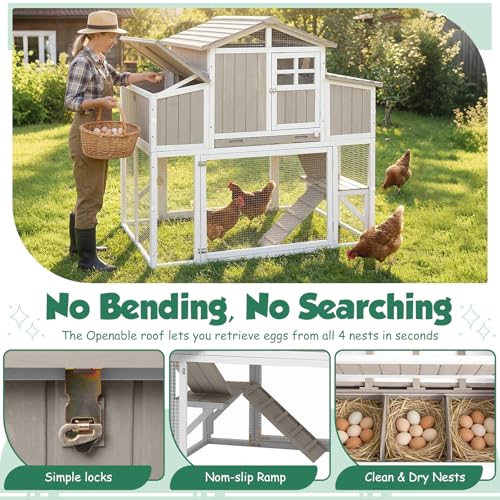 Large Chicken Coop with 4 Nesting Boxes for 4-6 Hens, Wooden Outdoor Hen House with Dual-Side Egg Collection, Pull-Out Tray, 3 Perches, Backyard Expandable Chicken Run - size: 52.4"L x 35.0"W x 53.0"H