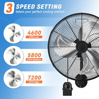 20 Inch Industrial Wall Mount Fan, Heavy Duty High Velocity Oscillating Wall Fan with 3 Speeds, 360° Adjustable Tilt Wall Mounted Fan for Garage, Workshop, Warehouse, Patio, Commercial and Home