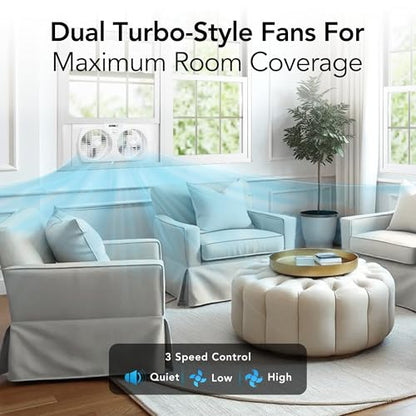 Comfort Zone 9-Inch 3-Speed Reversible Twin Window Fan – Dual Blade Window Exhaust Fan with Auto-Locking Expanders, 22.25" to 33" Wide – Tabletop Feet & Removable Bug Screen included - color: White, size: 9 inch (3-Speed)