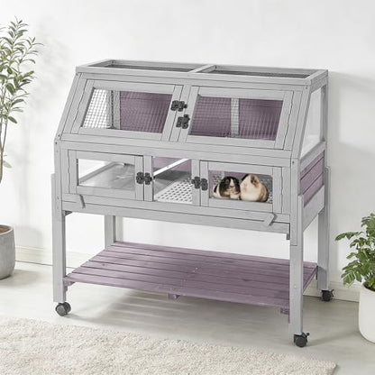 Large Guinea Pig Cages Indoor with Wheels, Wooden Rabbit Hutch with Plastic Floor and Zinc Cool Plate, Anti-Chewing Ramp, Small Animal Habitat with Leakproof Tray for Hamster, Chinchillas, Rats - color: Light Grey
