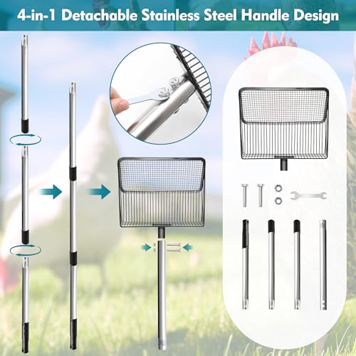 Chicken Poop Scooper 10 Inch, Anglecai Large Chicken Coop Litter Scoop 22'' to 62" Long Litter Sifting Shovel 4 in 1 Multifunctional Poop Shovel for Poultry Coop Cleaning Tool