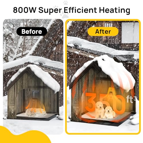 TURBRO Neighborhood DH800A Dog House Heater 800W, Wall Mount, 10ft Anti Bite Cord, Waterproof Control, Overheat Protection, Electric Warmer for Hound Kennel Cat Cage Chicken Coop, UL Test Passed - size: 800W