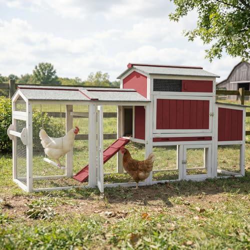Chicken Coop with Run, Mobile Chicken Tractor Hen House Weatherproof with Wheels, Nesting Box, Roosting Bars, Pull-Out Tray, Asphalt Waterproof Roof & Fun Swing for Chickens Quails Small Animals - color: Red