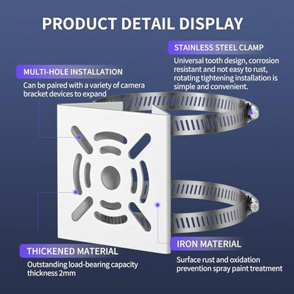 Universal Vertical Pole Mount for Security Camera, White | Solid Metal Bracket with 2 Loops, Suitable for CCTV Cameras LED Wall/Stage Lights Solar Panels, Pole Brackets