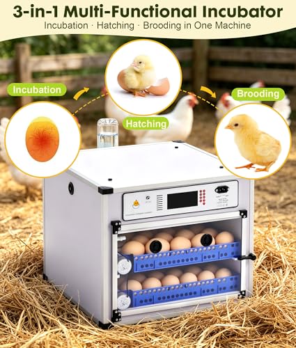Automatic Egg Incubator for 136 Eggs - Digital Temp & Humidity Control, Auto Turner, Dual Power AC/DC, LED Flashlight, View Window - Commercial Use for Chicken Duck Quail