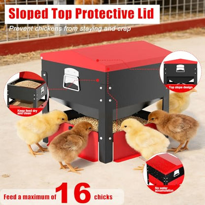 80lbs Automatic Chicken Feeder, Heavy Duty Galvanized Steel Poultry Feeder, Weatherproof & Secure-Lid for Outdoor Use, No Waste & Rodent-Proof for Chickens, Ducks, Turkeys - color: 80lbs-Red