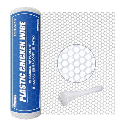 Heavy-Duty 16 inx16.4 ft White Plastic Chicken Wire Mesh, 300GSM Garden Fence with 30 Zip Ties - Flexible Poultry Netting for Balcony Barrier & DIY Crafts - color: 16ft White