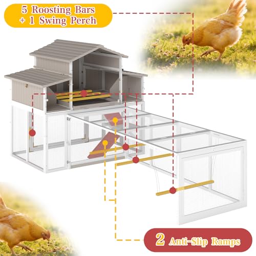 Large Chicken Coop and Run, Wooden Hen House with 4 Sectionable Nesting Boxes, Poultry Duck House for 4-10 Chickens with 5 Perches, Pull-Out Tray and Ramp, Grey