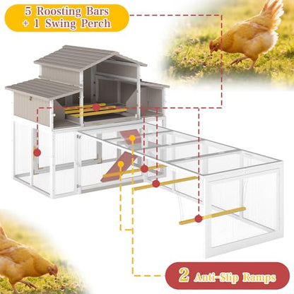 Large Chicken Coop and Run, Wooden Hen House with 4 Sectionable Nesting Boxes, Poultry Duck House for 4-10 Chickens with 5 Perches, Pull-Out Tray and Ramp, Grey