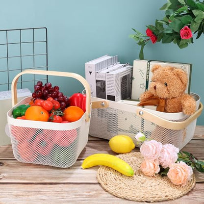 2 Pack Garden Harvest Basket, Metal Mesh Wire Picnic Basket with Handle, Rectangle Garden Baskets for Gathering Vegetables, Fruits, Kitchen, Home Cabinet Closet and Office (White) - color: White