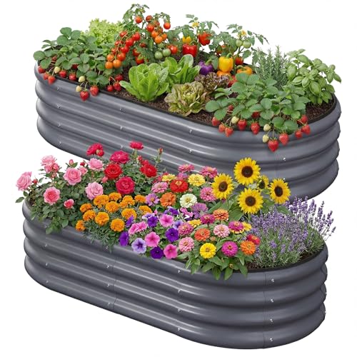 2PCS 4x2x1 FT Oval Metal Raised Garden Bed Kit, Open Bottom Design Elevated Garden Planter Box Outdoor, Trough Planter for Outdoor Plants, Flower, Vegetables, Fruit, Herbs (Dark Gray) - color: Dark Gray, size: 4×2×1 FT (2PCS)