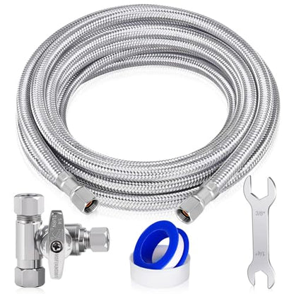 Stainless Steel Refrigerator Water Line Kit - 10ft Braided 1/4" Fitting with Brass Tee Stop Valve, Wrench, Sealing Tape for Ice Maker Water System