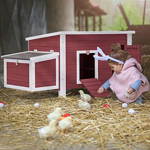 Petsfit Large Chicken Coop with Upgraded Perches, Wooden Outdoor Chicken Cage with Large Nesting Box, Weatherproof Open Asphalt Roof, and Removable Bottom for Easy Cleaning - color: Red