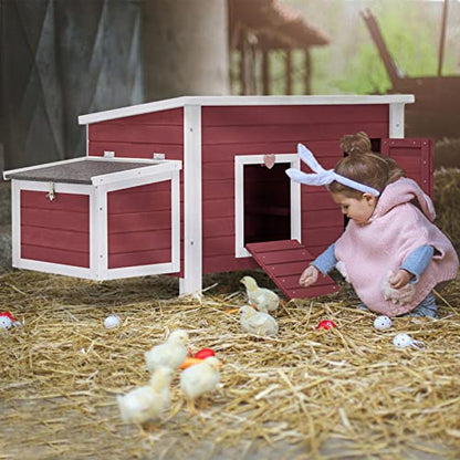 Petsfit Large Chicken Coop with Upgraded Perches, Wooden Outdoor Chicken Cage with Large Nesting Box, Weatherproof Open Asphalt Roof, and Removable Bottom for Easy Cleaning - color: Red
