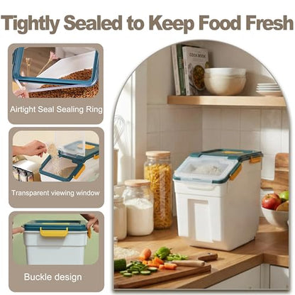 RUIAN 2Pcs Large Flour Storage Container Bin 50Lb Airtight Rice Storage Containers with Wheels Seal Locking Lid, BPA Free with Measuring Cup&Scoop for Flour, Rice, Grain 100LBS Total (Blue) - color: Blue 2Pack 50Lb