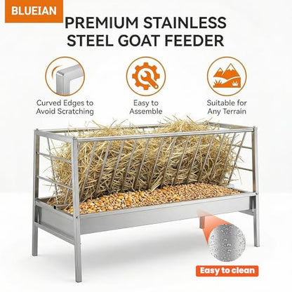 62" L Goat Hay Feeder 92 Gallon Stainless Steel Feeder for Goats | 2-in-1 Hay & Grain Large Capacity for Sheep, Horses | Freestanding Outdoor Farm Livestock Feeder, Easy Assembly