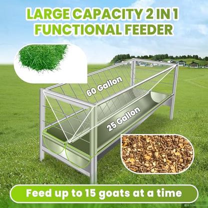 Stainless Steel Livestock Hay Feeder 85 Gallon, 2-in-1 Heavy Duty Feed Trough for Goats, Sheep, Miniature Horses, Rust-Proof Pasture Rack, Minimizes Waste