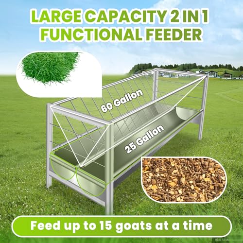 Stainless Steel Hay Feeder for Goats, 85 Gallon Rust-Proof Livestock Trough & Rack, 2-in-1 Heavy Duty Pasture Feeder for Sheep, Horse, and Calves, Reduces Waste